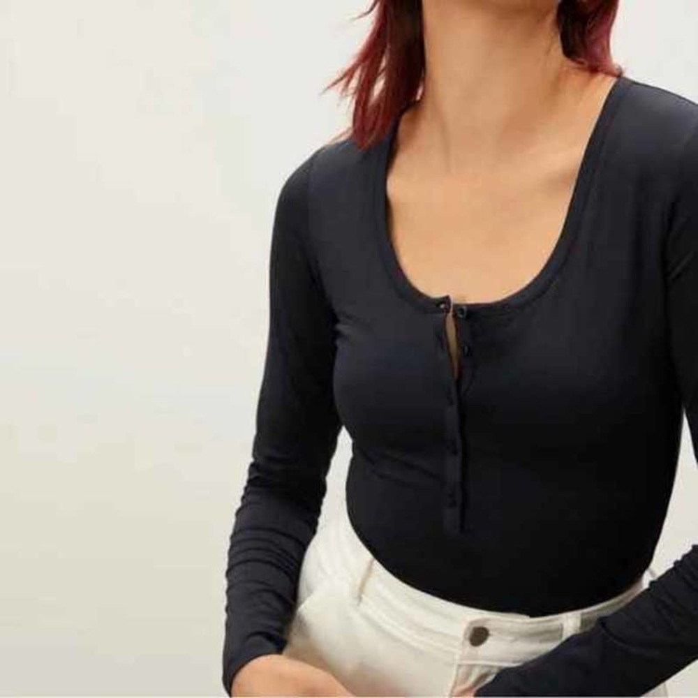 Everlane Henley Bodysuit Button Front Long Sleeve Black S (2-4) Cotton excellent